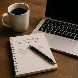 Grassroots storytelling work behind the scenes with a notebook and coffee on a diner table
